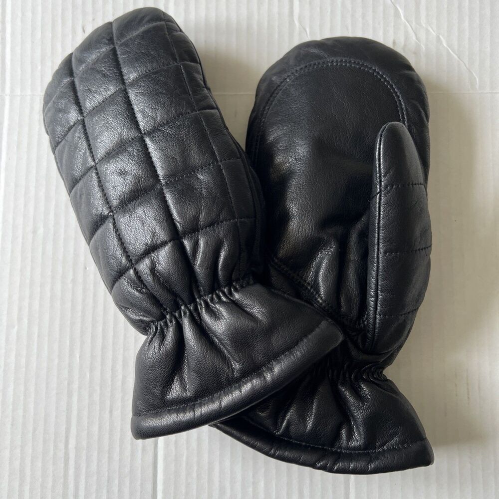 Michael Kors Sz M Black Quilted Leather Mittens Gloves EXELLENT